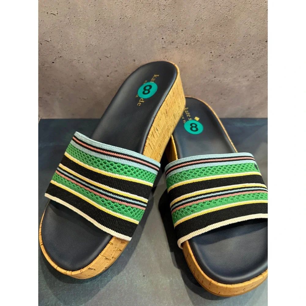 Kate Spade Bethanie Striped Knit Cork Platform Slide Sandals